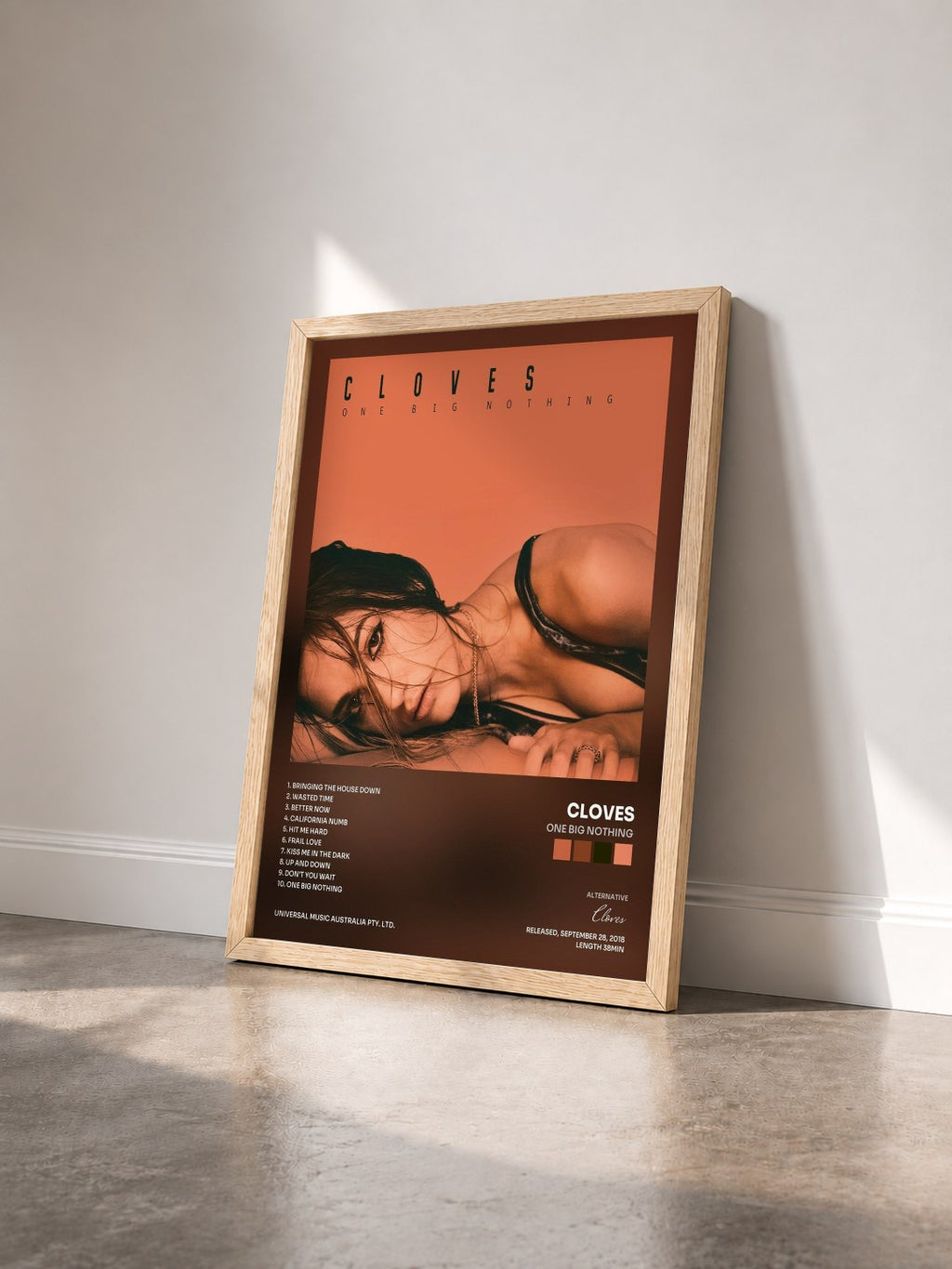 #bois Tableau de l'album One Big Nothing de Cloves vu de trois quarts, cadre en bois brut