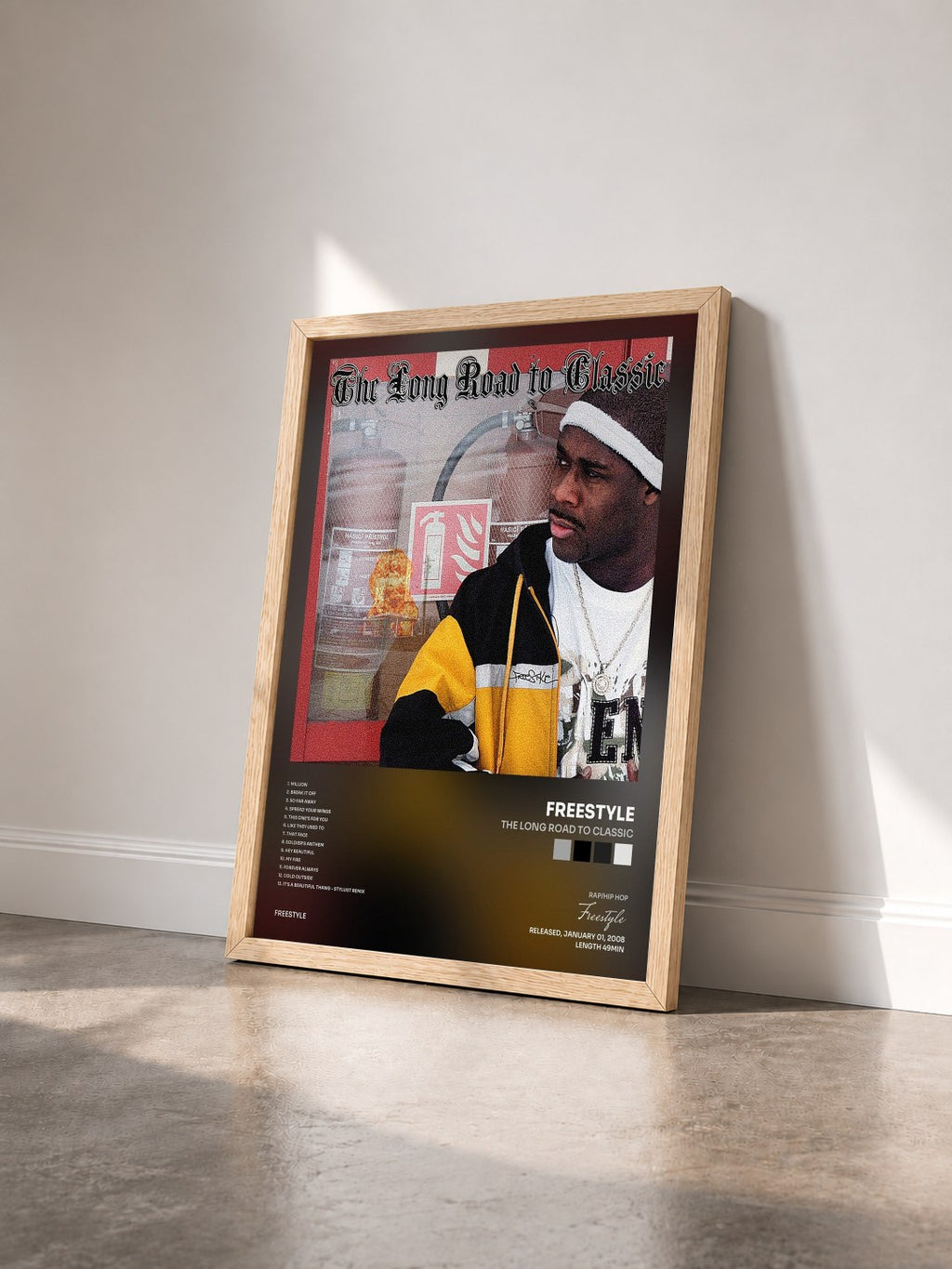 #bois Tableau de l'album The Long Road to Classic de Freestyle vu de trois quarts, cadre en bois brut