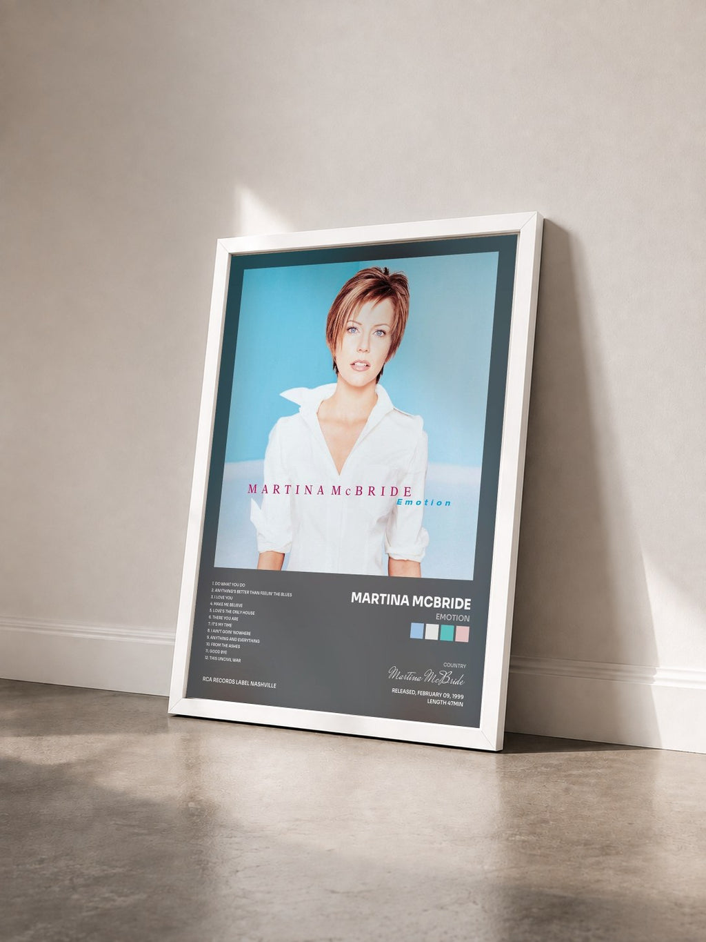#blanc Tableau de l'album Emotion de Martina McBride vu de trois quarts, cadre blanc
