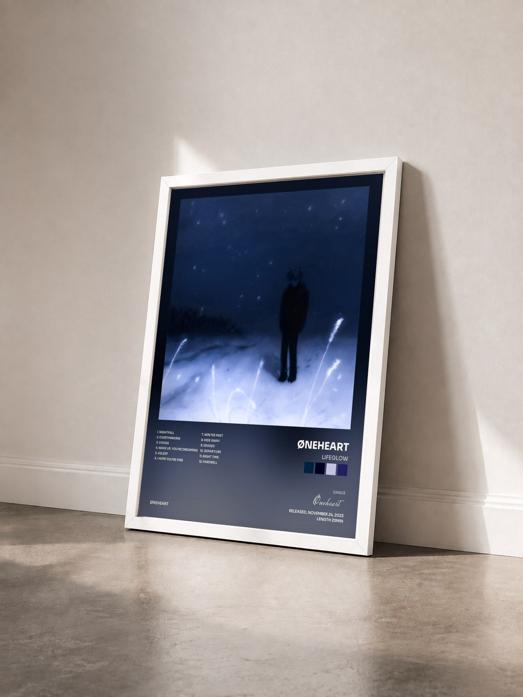 #blanc Tableau de l'album Lifeglow de Øneheart vu de trois quarts, cadre blanc