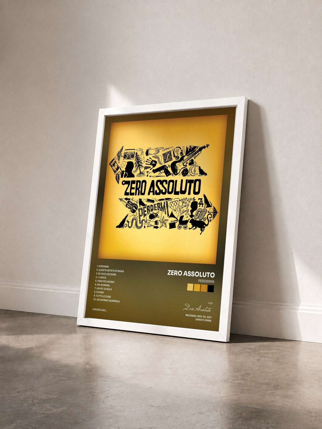 #blanc Tableau de l'album Perdermi de Zero Assoluto vu de trois quarts, cadre blanc