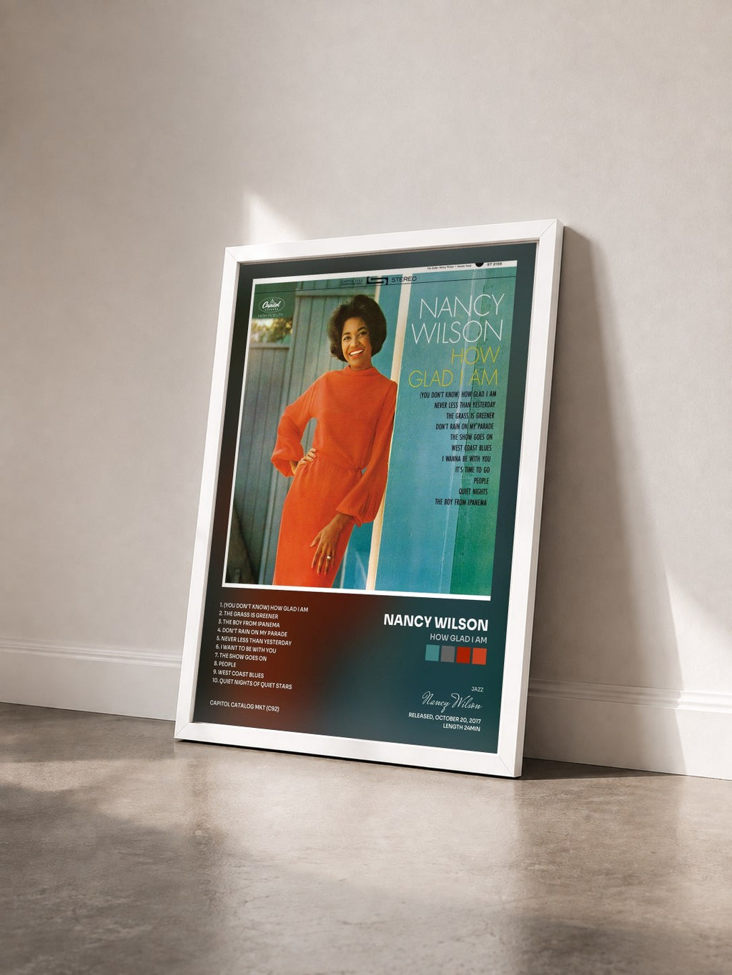 #blanc Tableau de l'album How Glad I Am de Nancy Wilson vu de trois quarts, cadre blanc