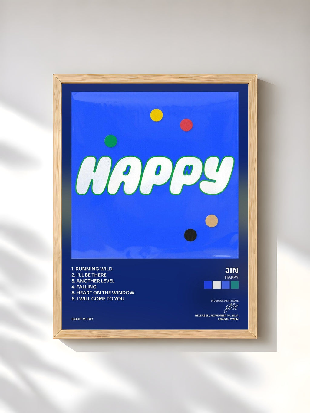 #bois Tableau de l'album Happy de JIN, cadre en bois brut, imprimé et encadré en France
