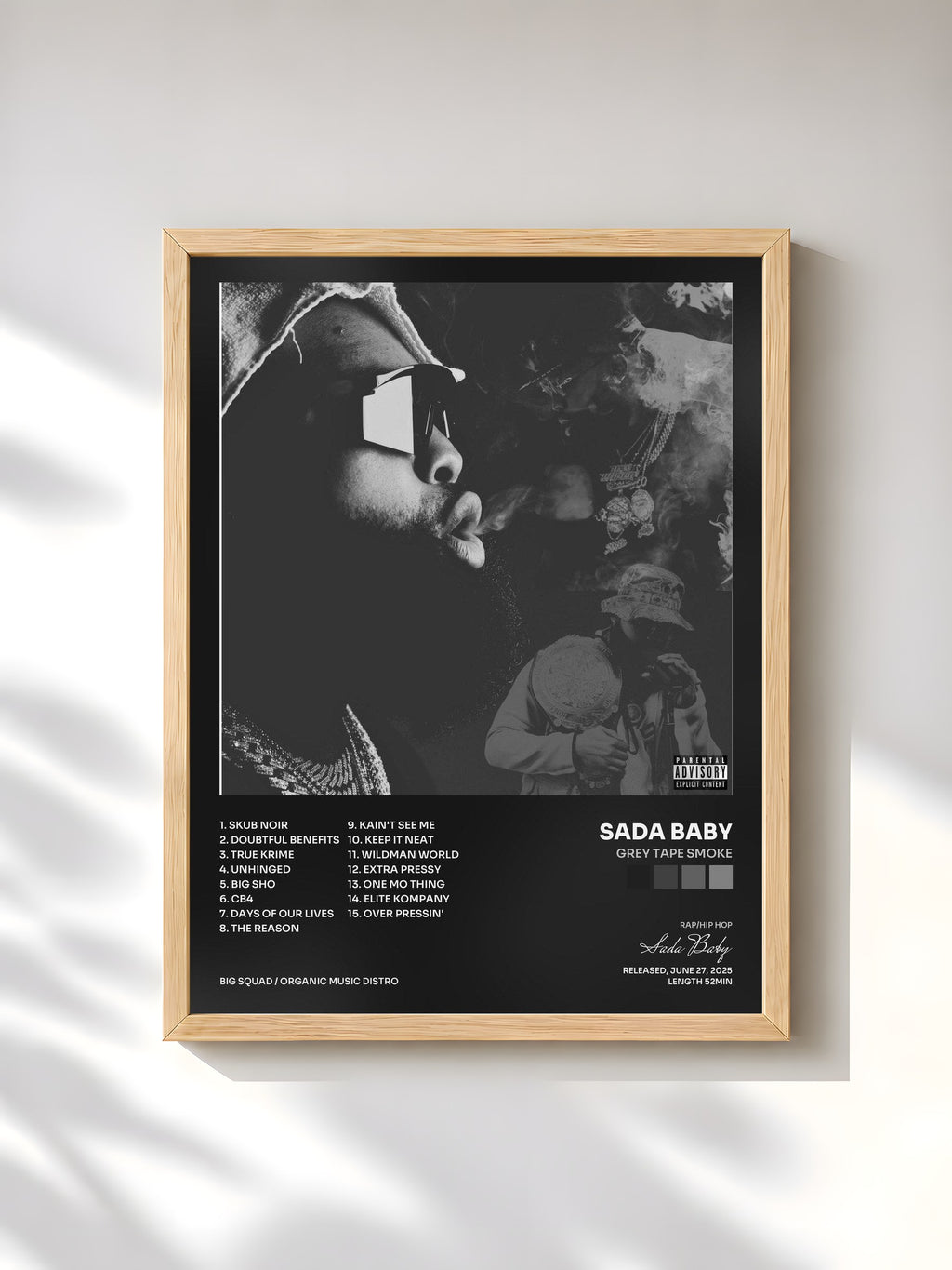 #bois Tableau de l'album Grey Tape SMOKE de Sada Baby, cadre en bois brut, imprimé et encadré en France