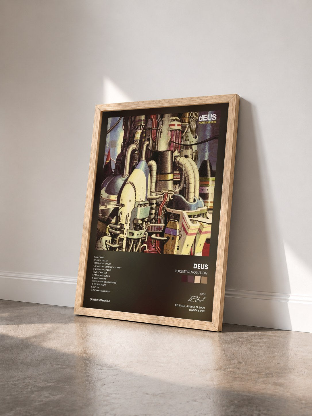 #bois Tableau de l'album Pocket Revolution de dEUS vu de trois quarts, cadre en bois brut