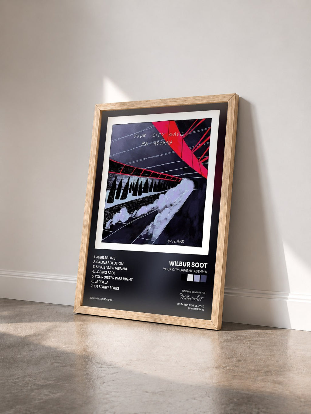 #bois Tableau de l'album Your City Gave Me Asthma de Wilbur Soot vu de trois quarts, cadre en bois brut