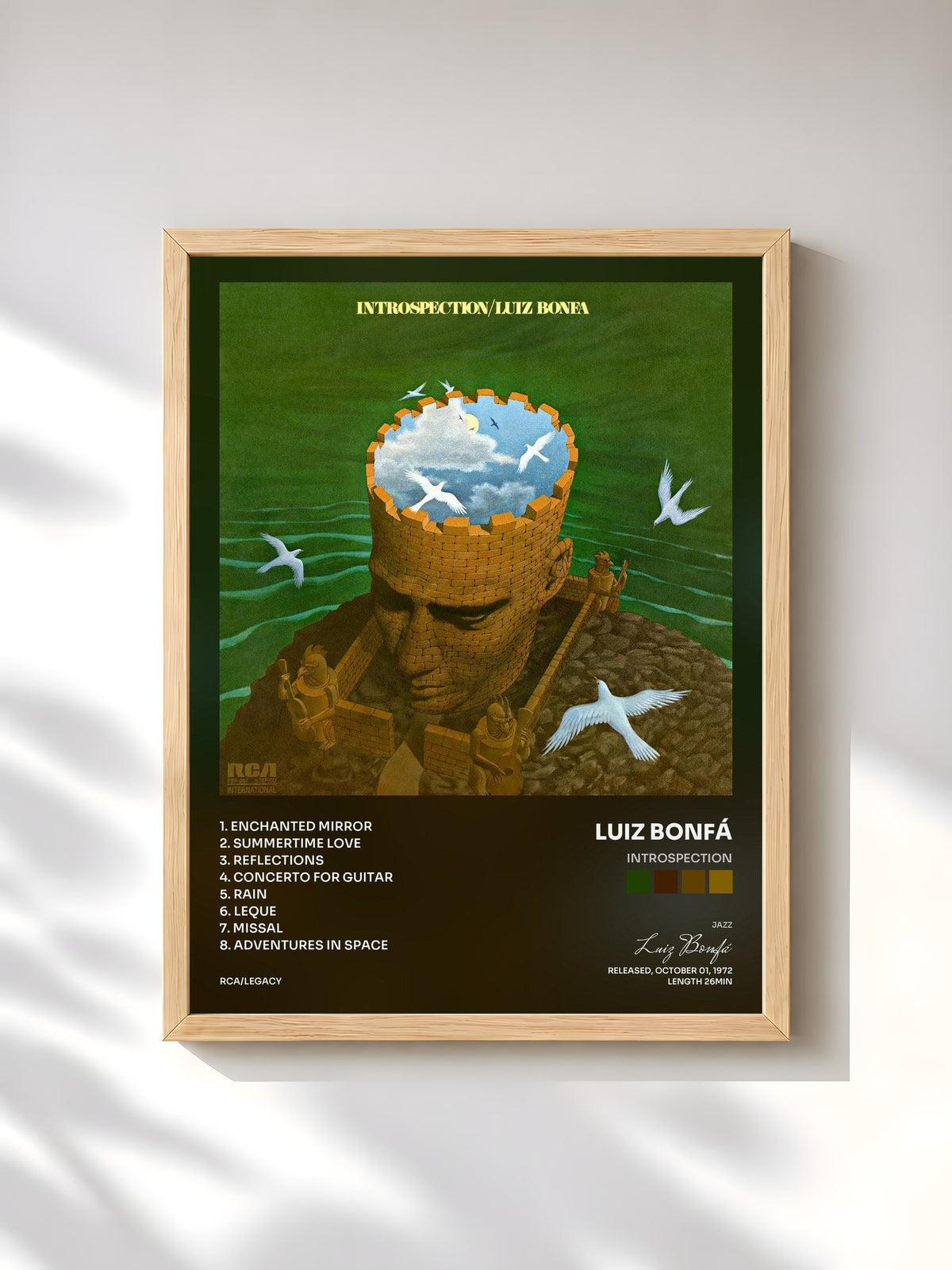 #bois Tableau de l'album Introspection de Luiz Bonfá, cadre en bois brut, imprimé et encadré en France