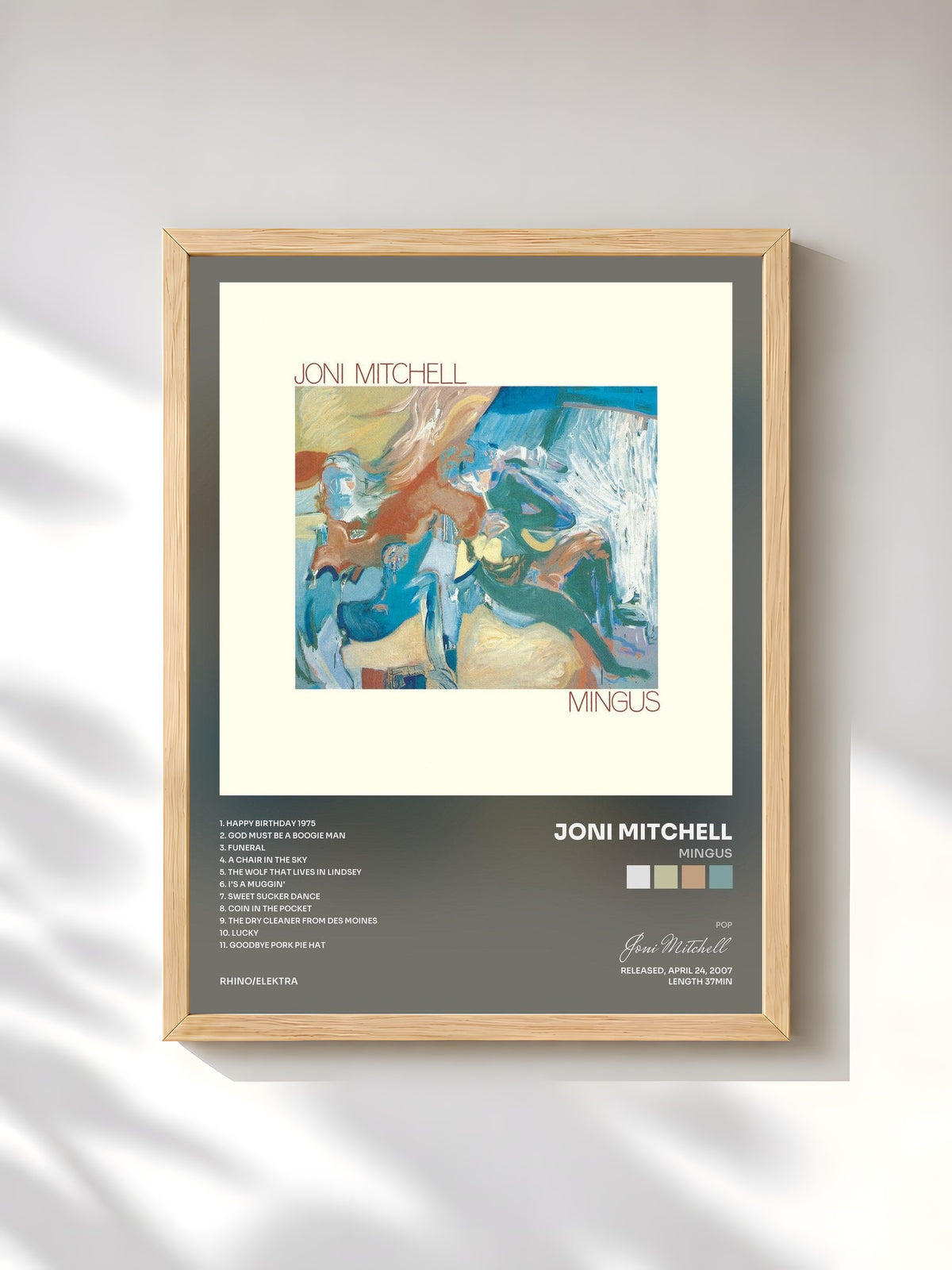 #bois Tableau de l'album Mingus de Joni Mitchell, cadre en bois brut, imprimé et encadré en France