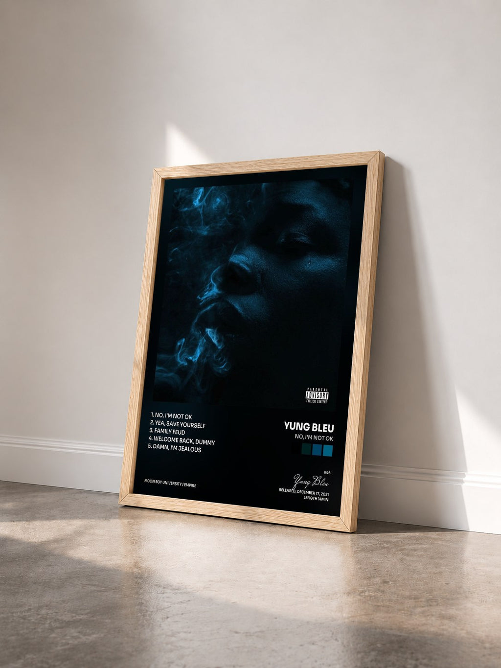 #bois Tableau de l'album No, I'm Not Ok de Yung Bleu vu de trois quarts, cadre en bois brut