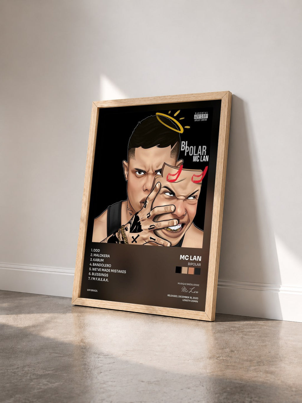 #bois Tableau de l'album Bipolar de Mc Lan vu de trois quarts, cadre en bois brut