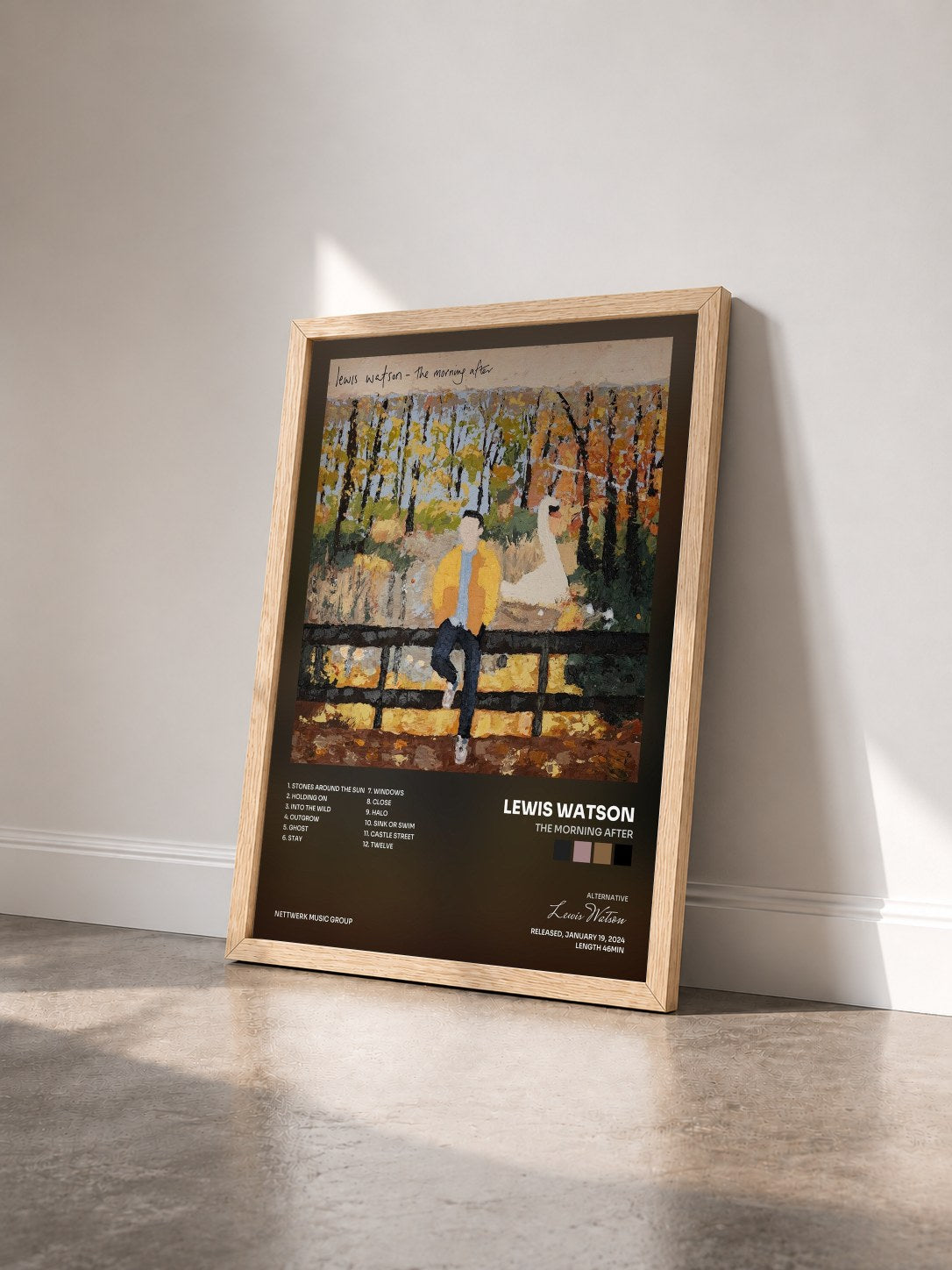 #bois Tableau de l'album the morning after de Lewis Watson vu de trois quarts, cadre en bois brut