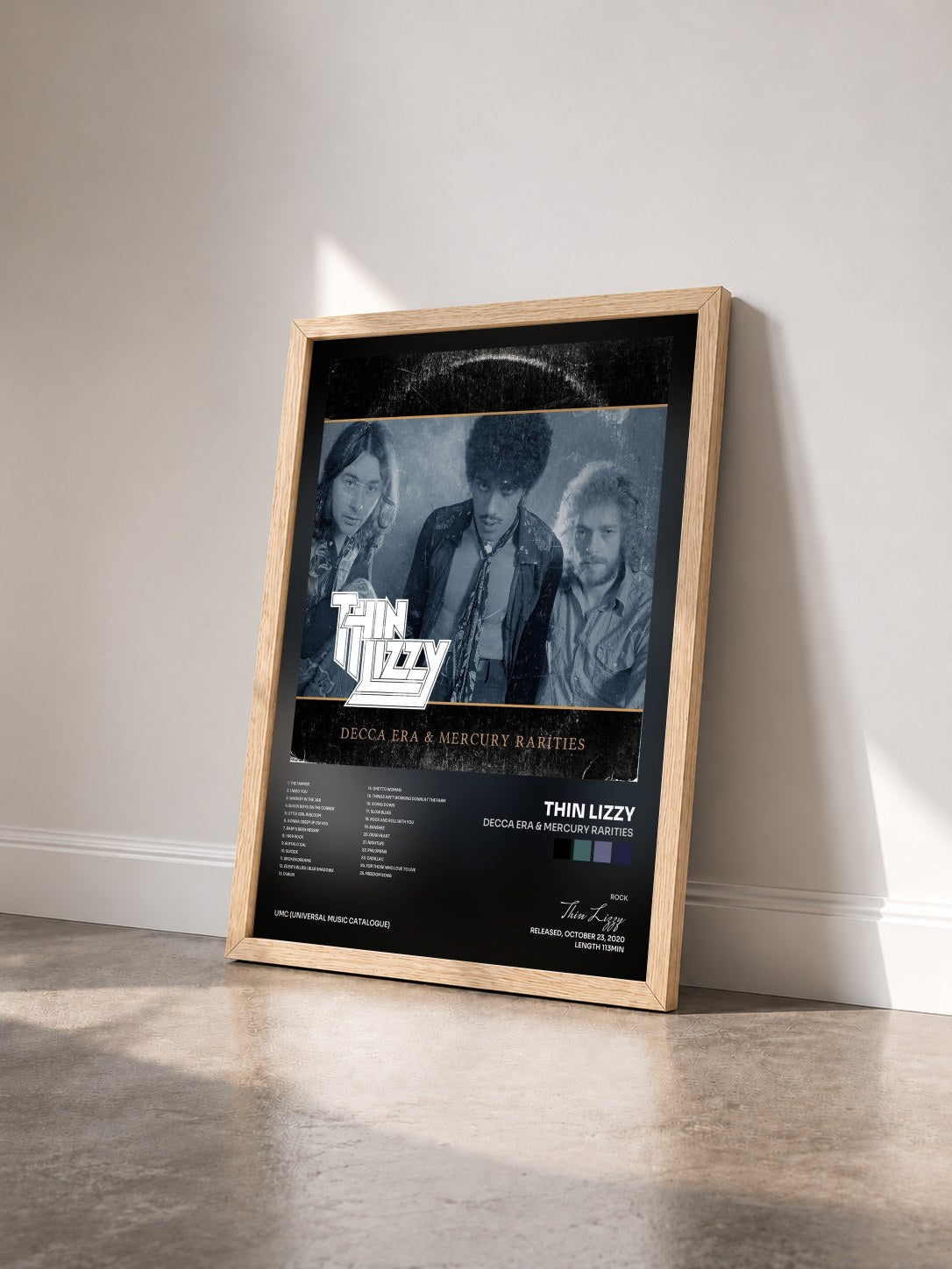 #bois Tableau de l'album Decca Era & Mercury Rarities de Thin Lizzy vu de trois quarts, cadre en bois brut