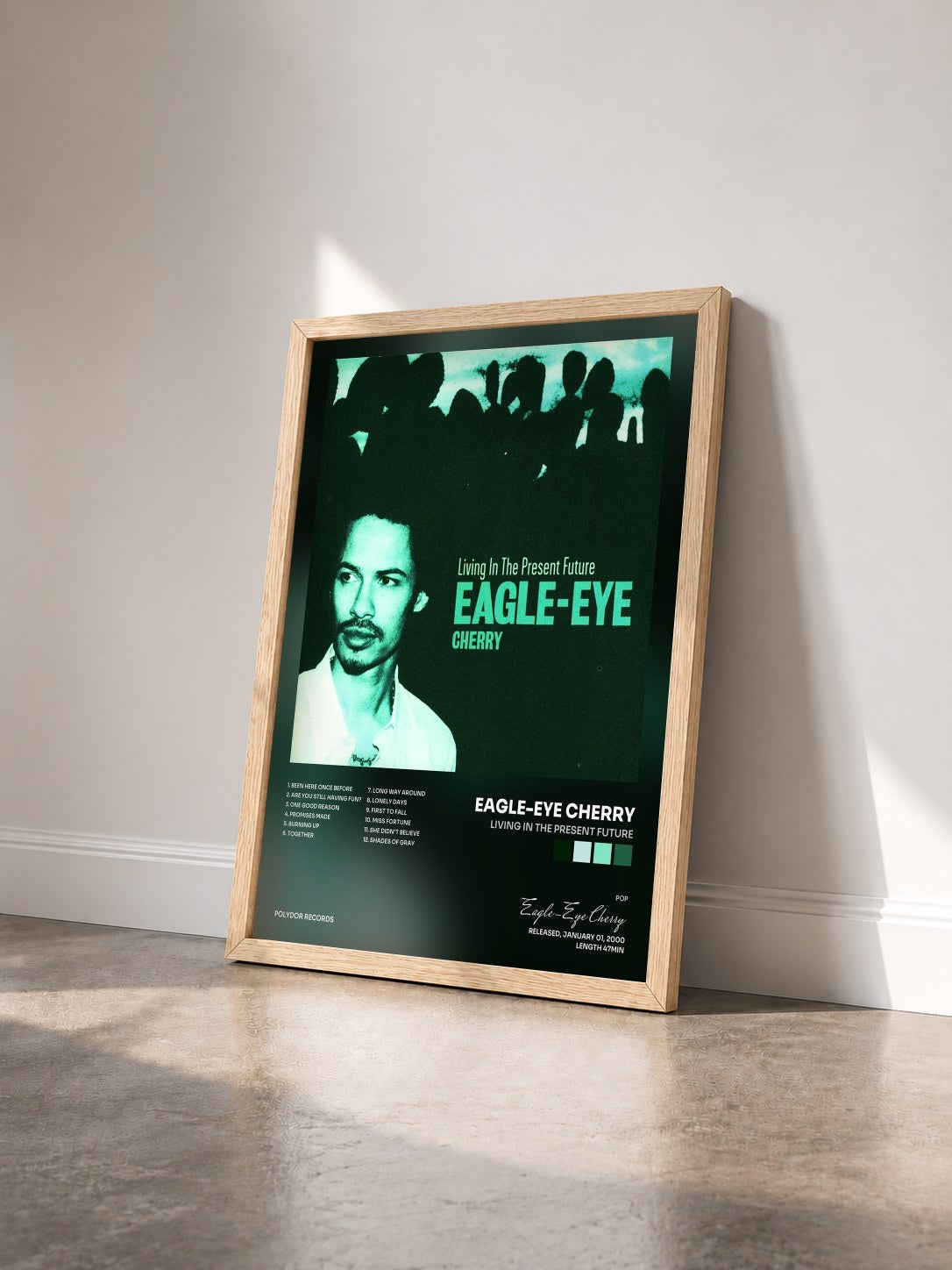 #bois Tableau de l'album Living In The Present Future de Eagle-Eye Cherry vu de trois quarts, cadre en bois brut