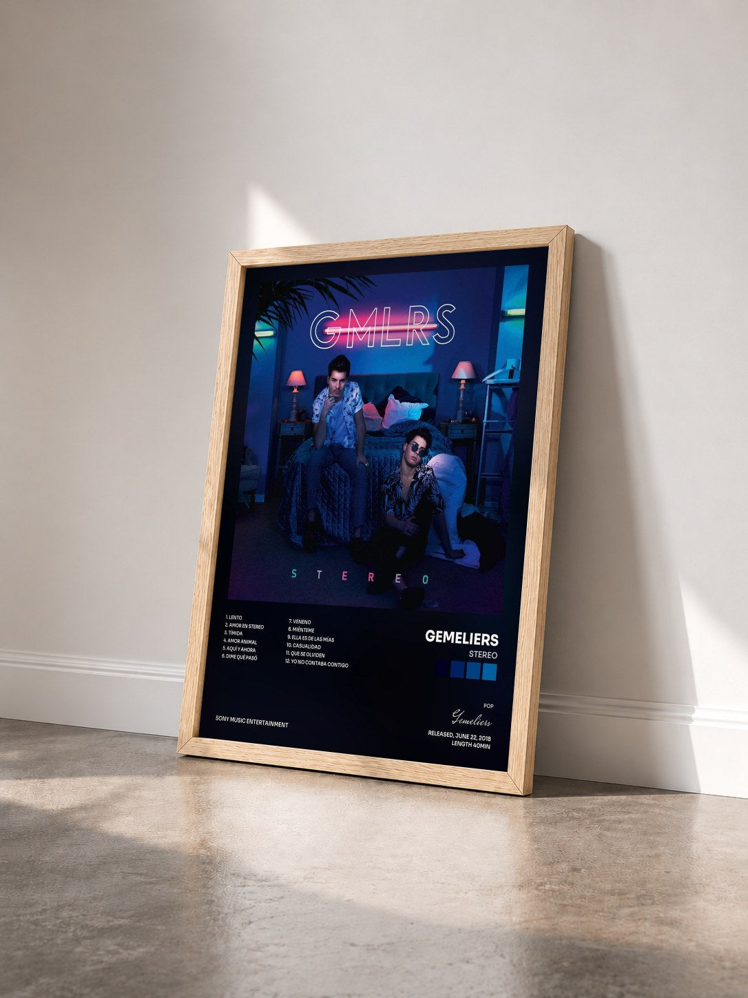 #bois Tableau de l'album Stereo de Gemeliers vu de trois quarts, cadre en bois brut