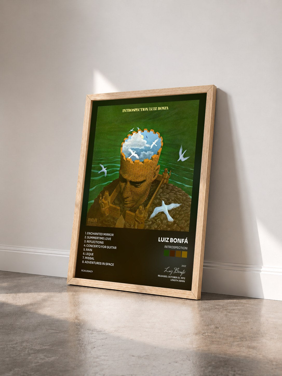 #bois Tableau de l'album Introspection de Luiz Bonfá vu de trois quarts, cadre en bois brut
