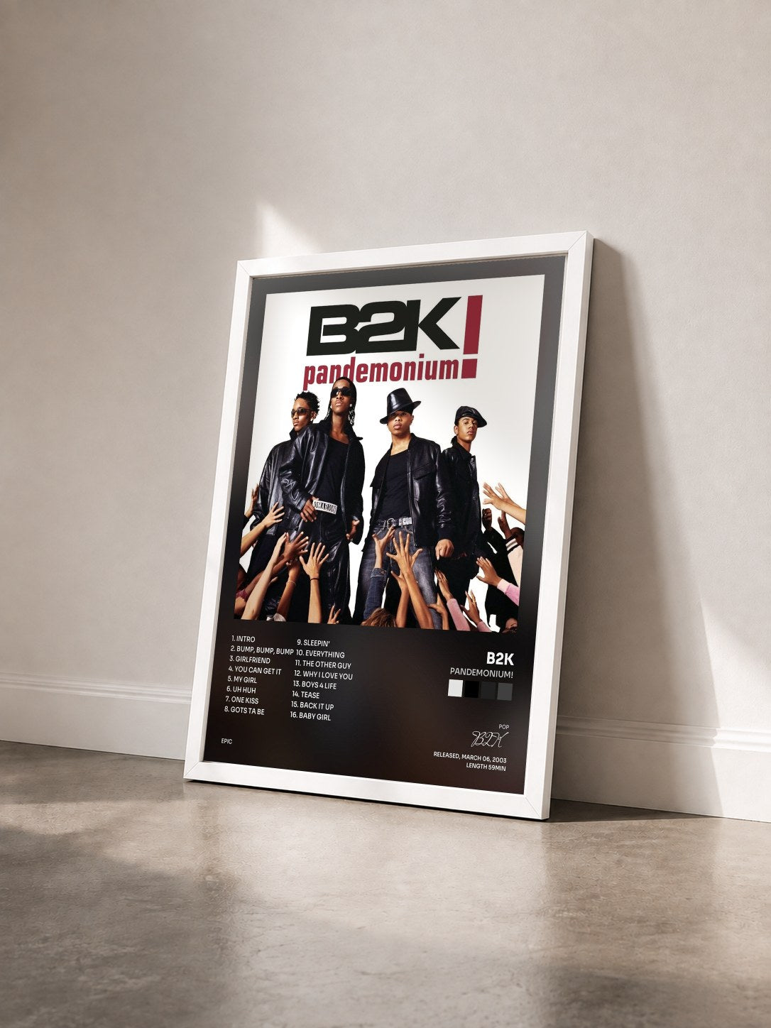 #blanc Tableau de l'album Pandemonium! de B2K vu de trois quarts, cadre blanc