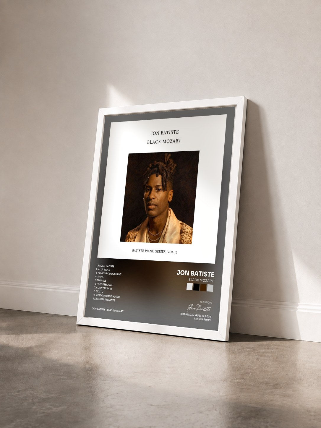 #blanc Tableau de l'album Black Mozart de Jon Batiste vu de trois quarts, cadre blanc
