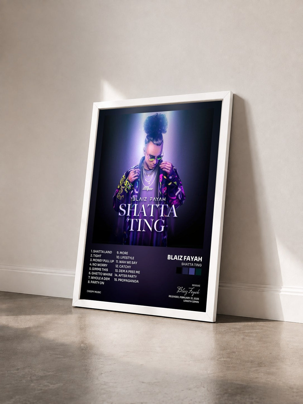 #blanc Tableau de l'album Shatta Ting de Blaiz Fayah vu de trois quarts, cadre blanc