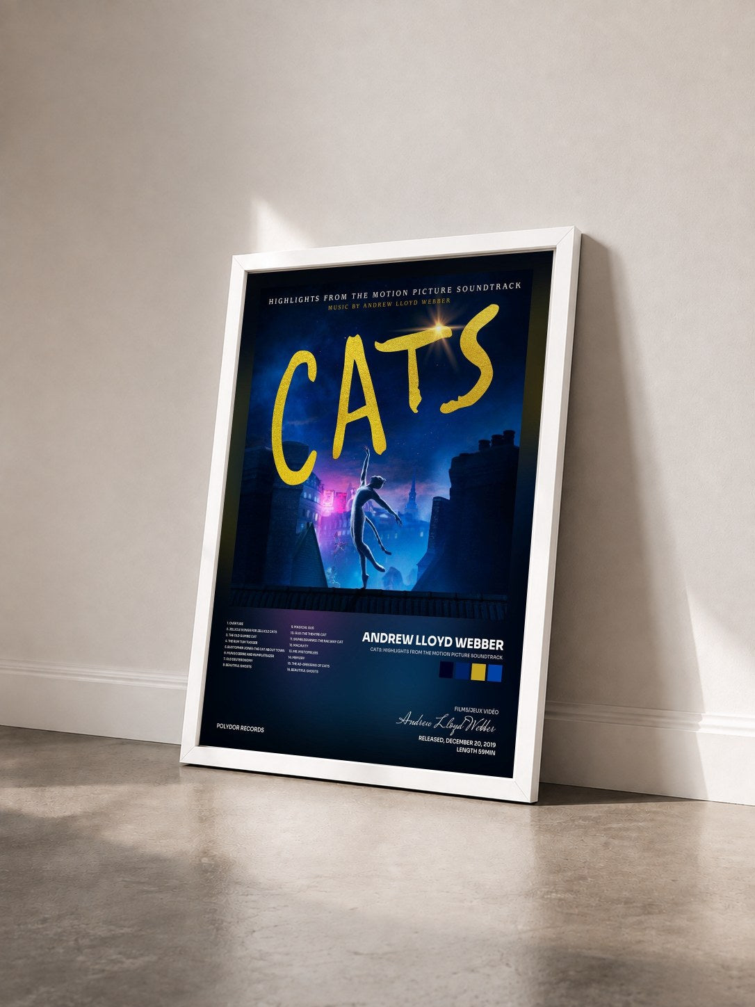 #blanc Tableau de l'album Cats: Highlights From The Motion Picture Soundtrack de Andrew Lloyd Webber vu de trois quarts, cadre blanc