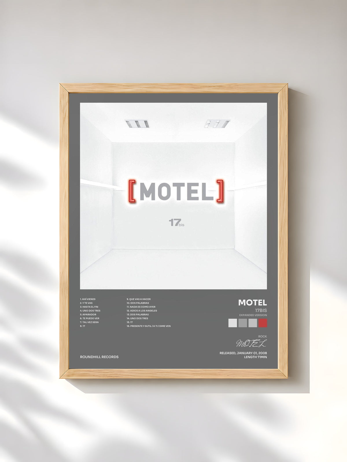 #bois Tableau de l'album 17bis (Expanded Version) de MOTEL, cadre en bois brut, imprimé et encadré en France