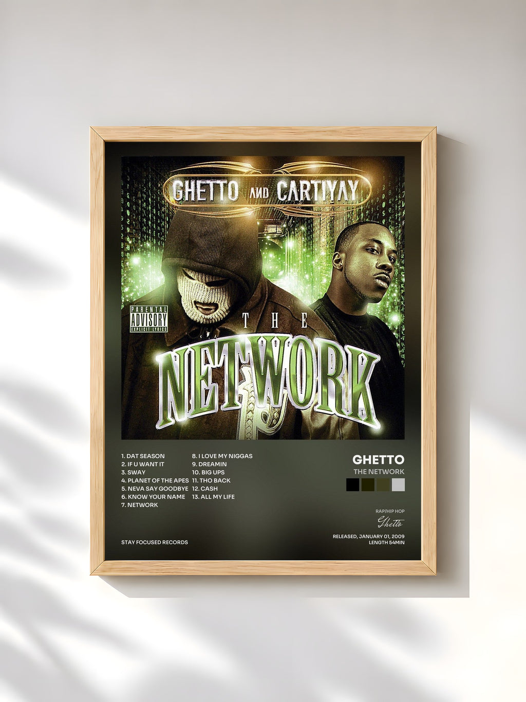 #bois Tableau de l'album The Network de Ghetto, cadre en bois brut, imprimé et encadré en France