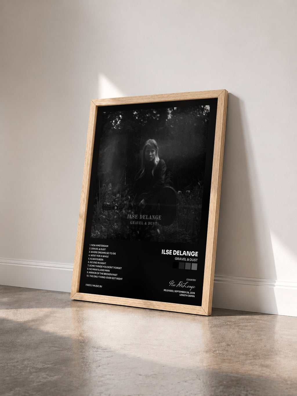 #bois Tableau de l'album Gravel & Dust de Ilse DeLange vu de trois quarts, cadre en bois brut