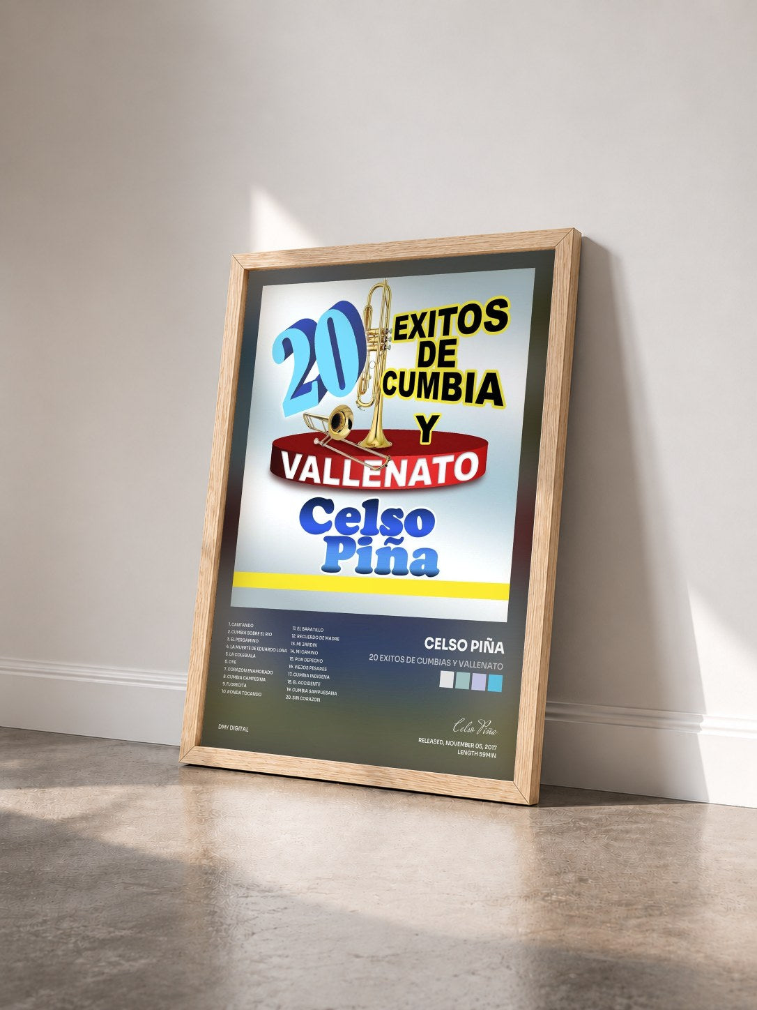 #bois Tableau de l'album 20 Exitos De Cumbias Y Vallenato de Celso Piña vu de trois quarts, cadre en bois brut