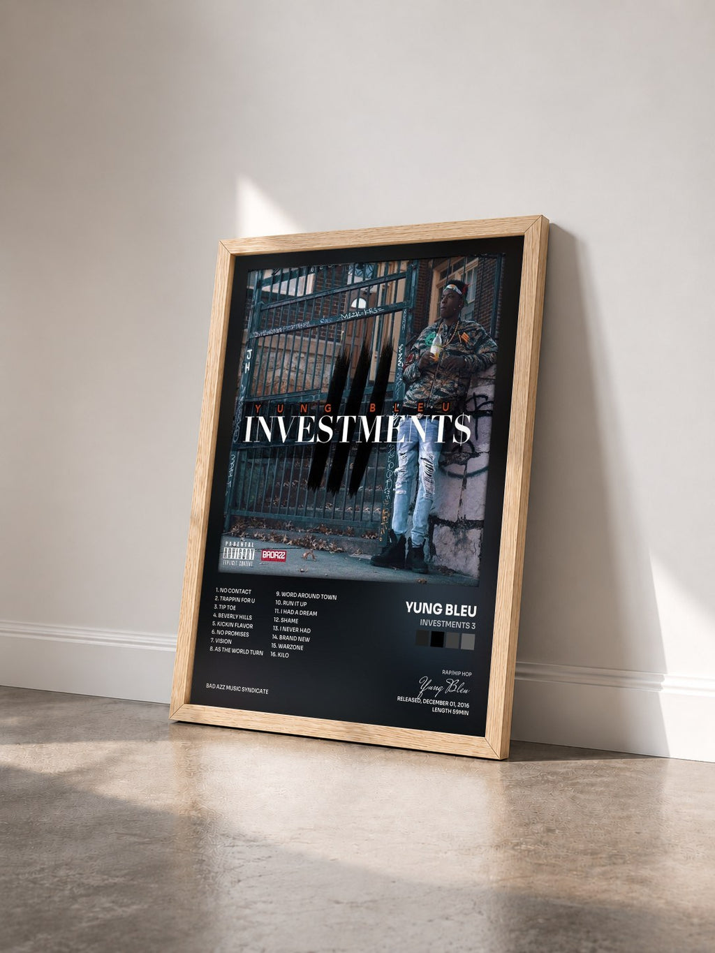 #bois Tableau de l'album Investments 3 de Yung Bleu vu de trois quarts, cadre en bois brut