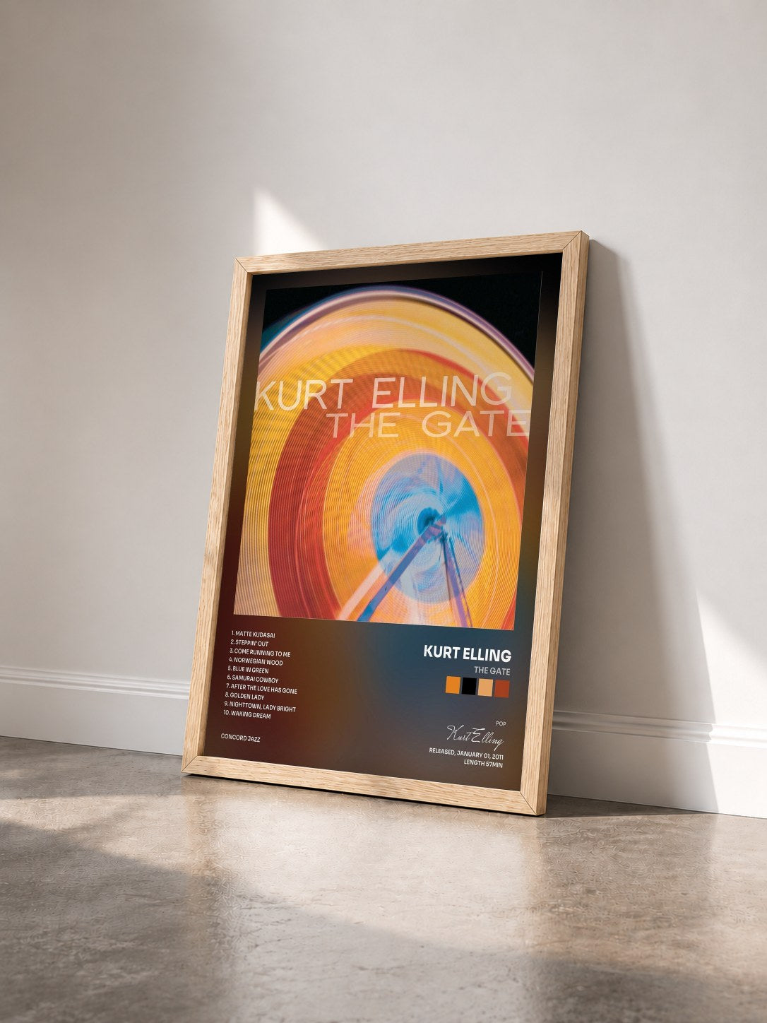 #bois Tableau de l'album The Gate de Kurt Elling vu de trois quarts, cadre en bois brut