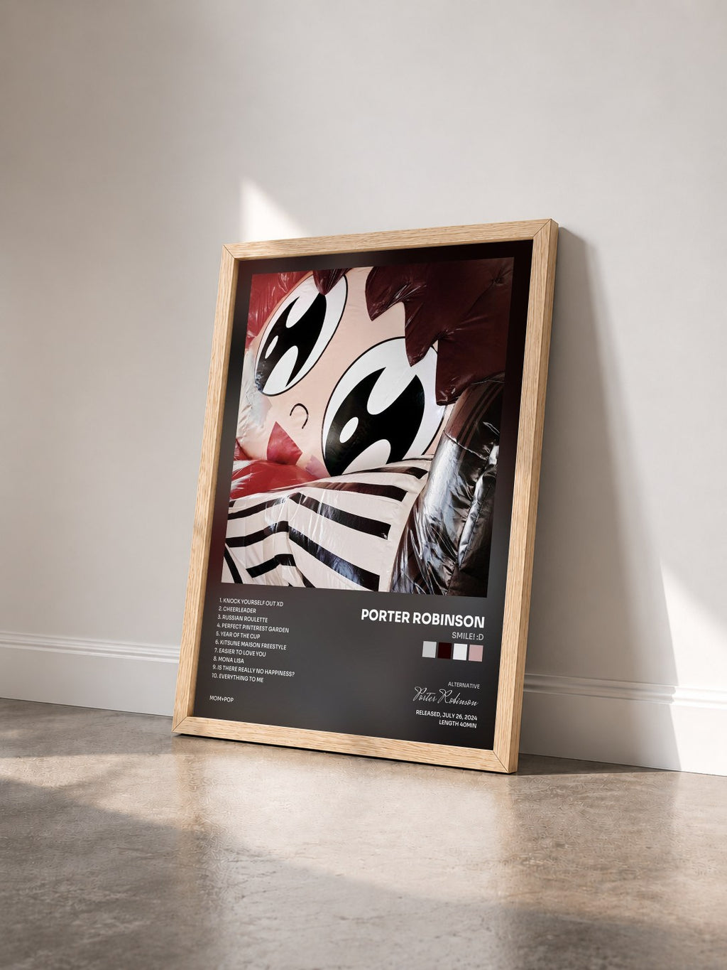 #bois Tableau de l'album SMILE! :D de Porter Robinson vu de trois quarts, cadre en bois brut