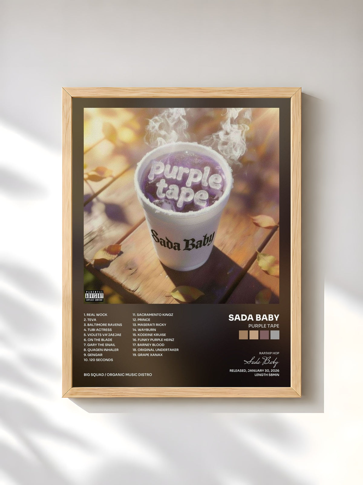 #bois Tableau de l'album Purple Tape de Sada Baby, cadre en bois brut, imprimé et encadré en France