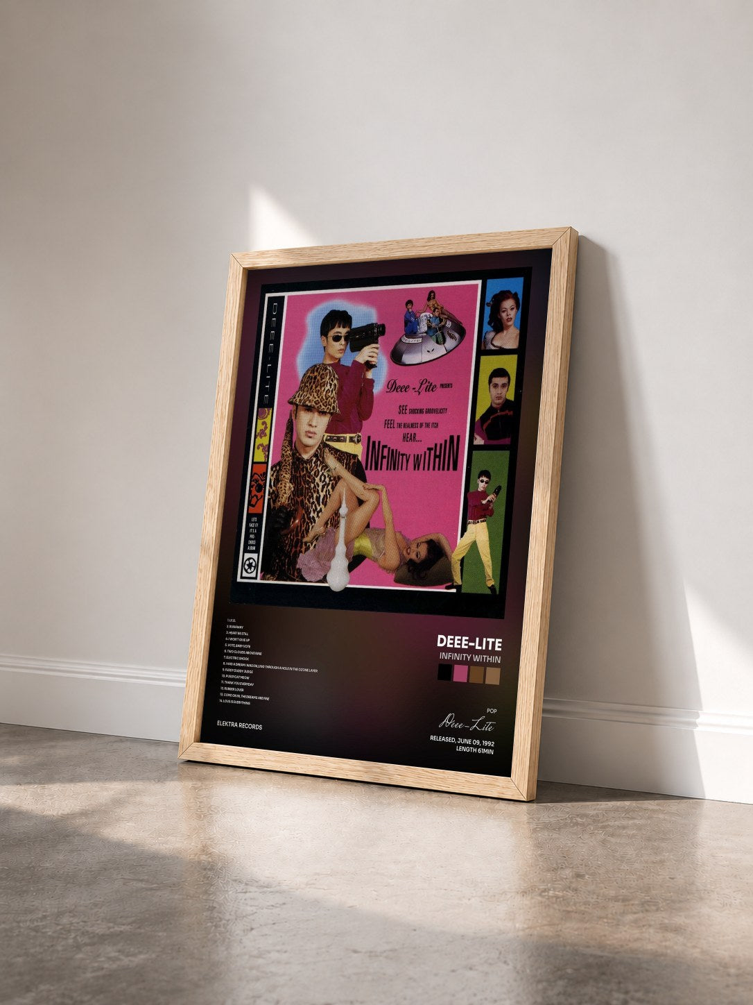 #bois Tableau de l'album Infinity Within de Deee-Lite vu de trois quarts, cadre en bois brut