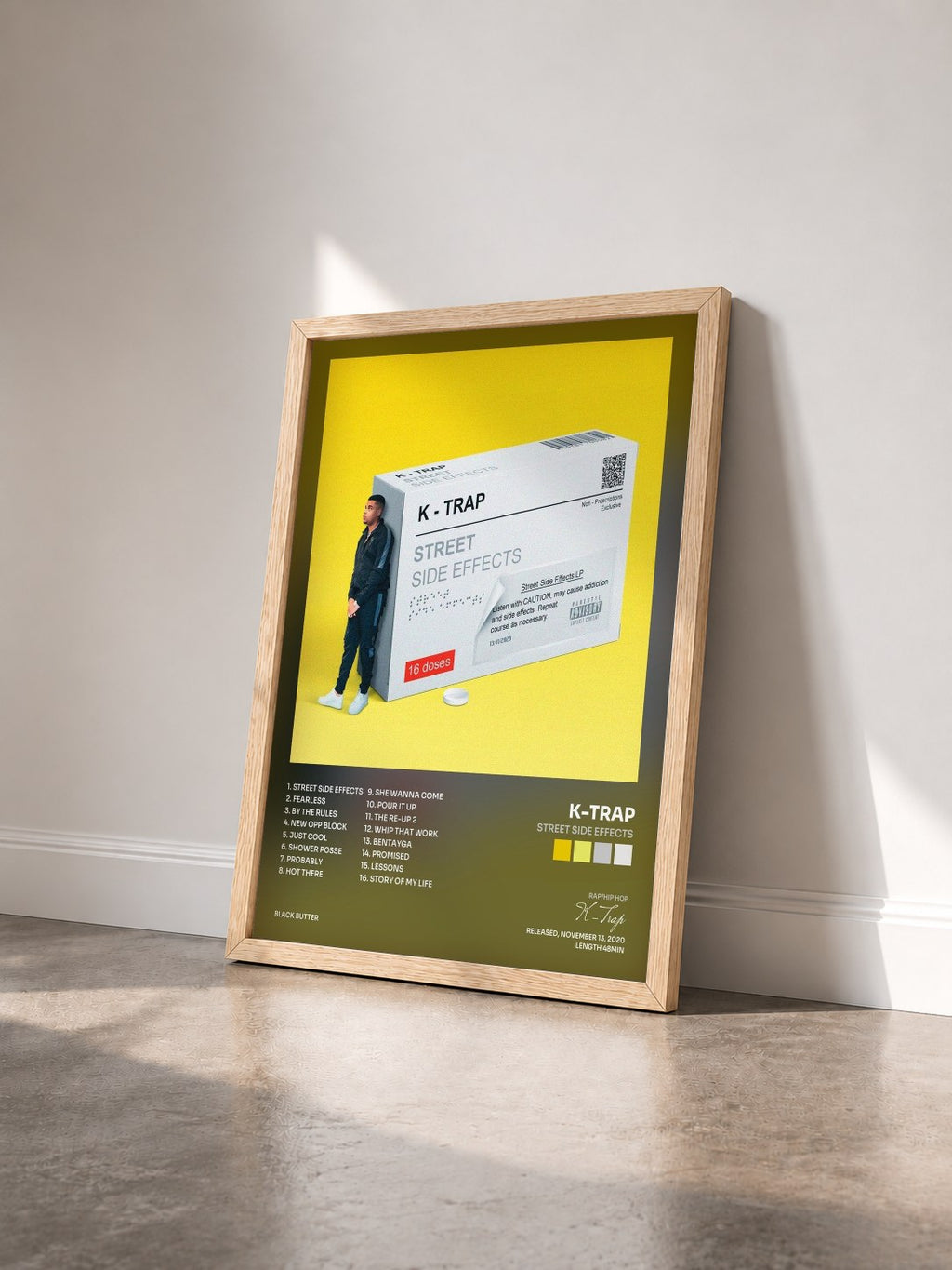 #bois Tableau de l'album Street Side Effects de K-Trap vu de trois quarts, cadre en bois brut