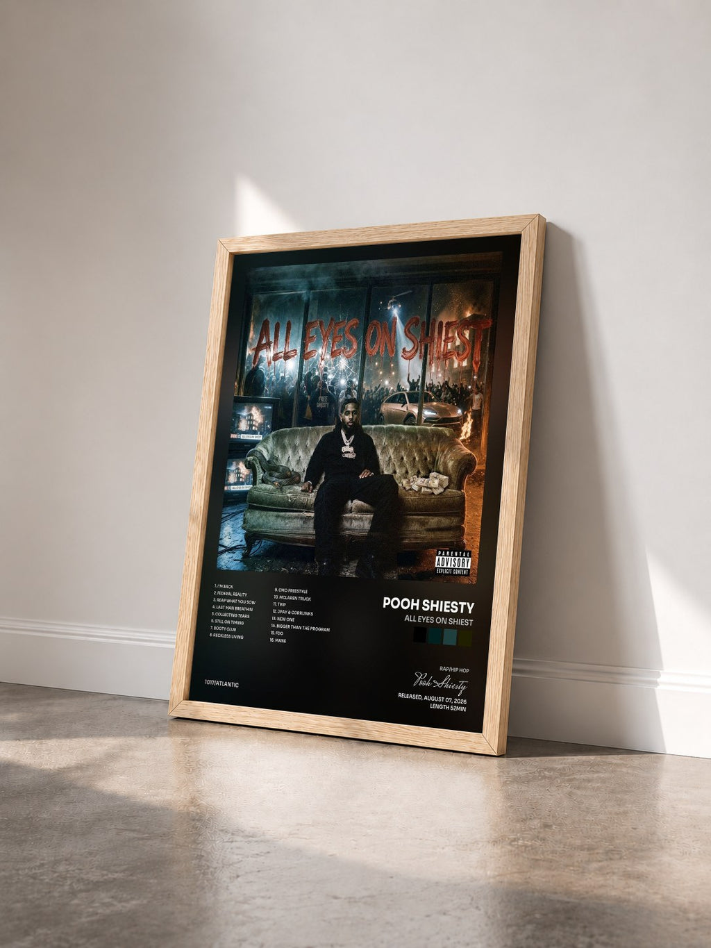 #bois Tableau de l'album All Eyes on Shiest de Pooh Shiesty vu de trois quarts, cadre en bois brut