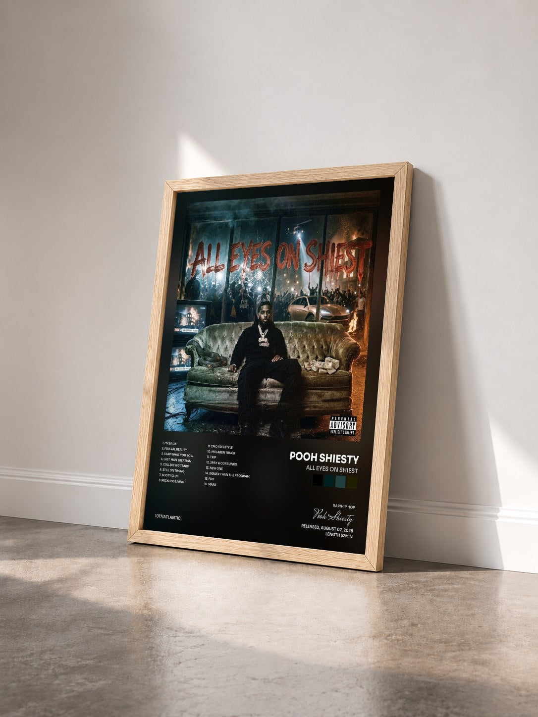 #bois Tableau de l'album All Eyes on Shiest de Pooh Shiesty vu de trois quarts, cadre en bois brut