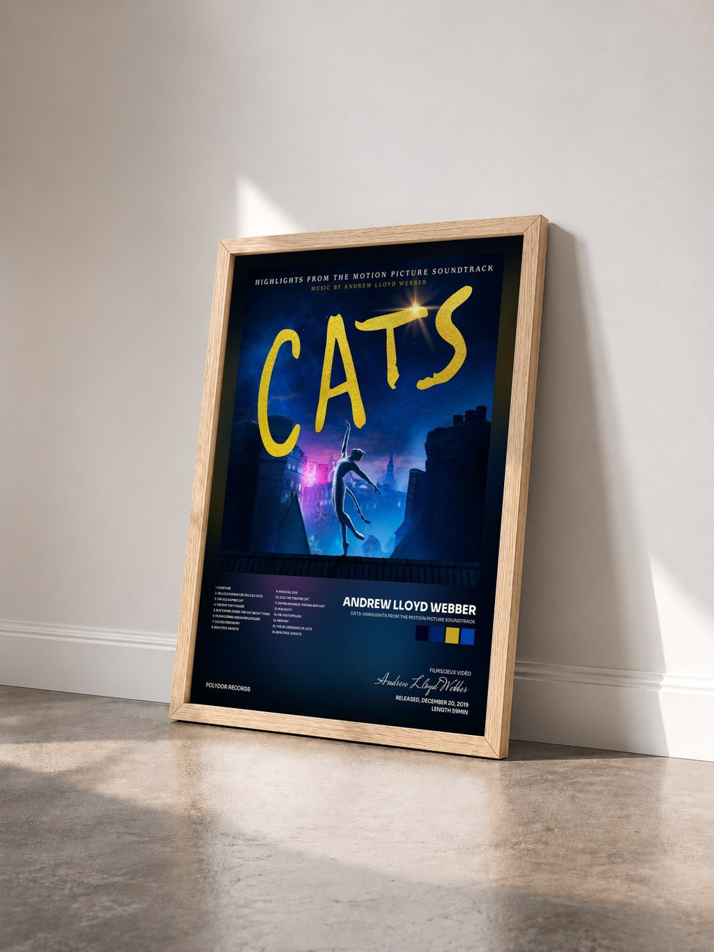 #bois Tableau de l'album Cats: Highlights From The Motion Picture Soundtrack de Andrew Lloyd Webber vu de trois quarts, cadre en bois brut