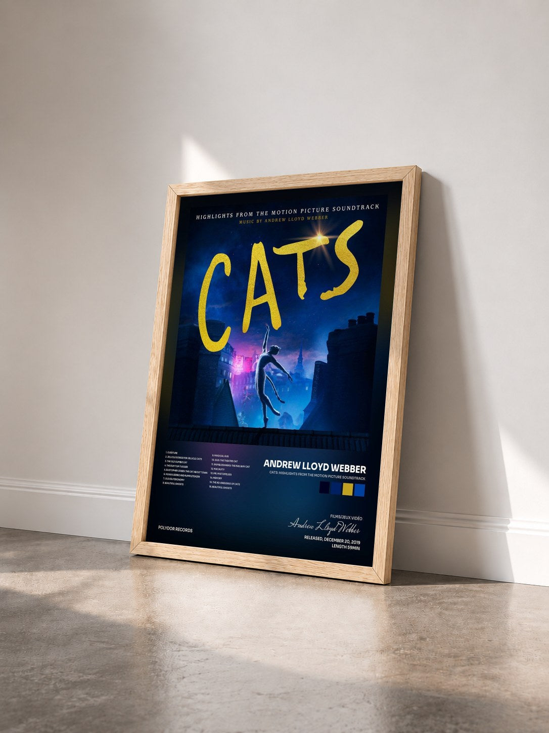 #bois Tableau de l'album Cats: Highlights From The Motion Picture Soundtrack de Andrew Lloyd Webber vu de trois quarts, cadre en bois brut