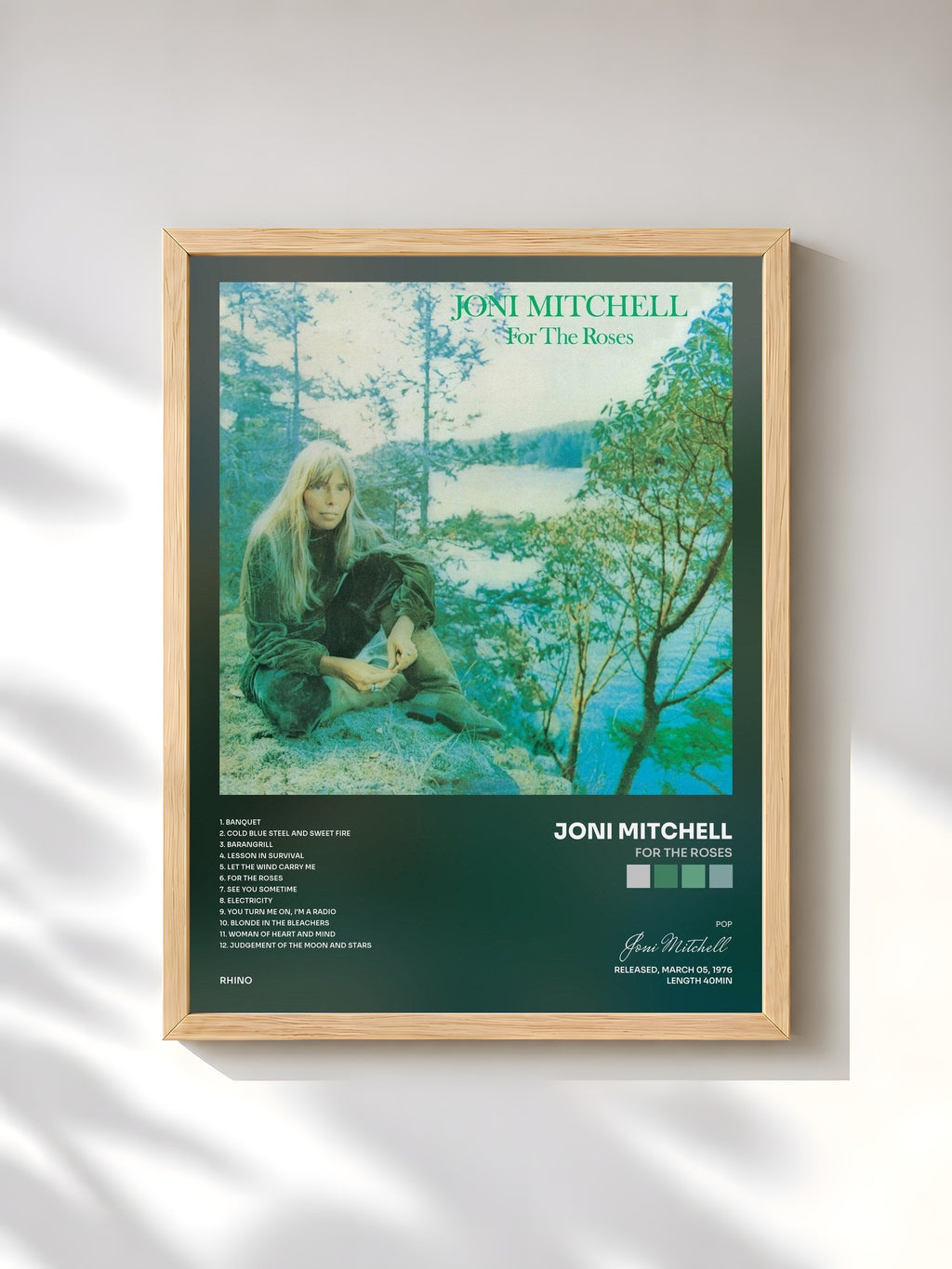 #bois Tableau de l'album For the Roses de Joni Mitchell, cadre en bois brut, imprimé et encadré en France