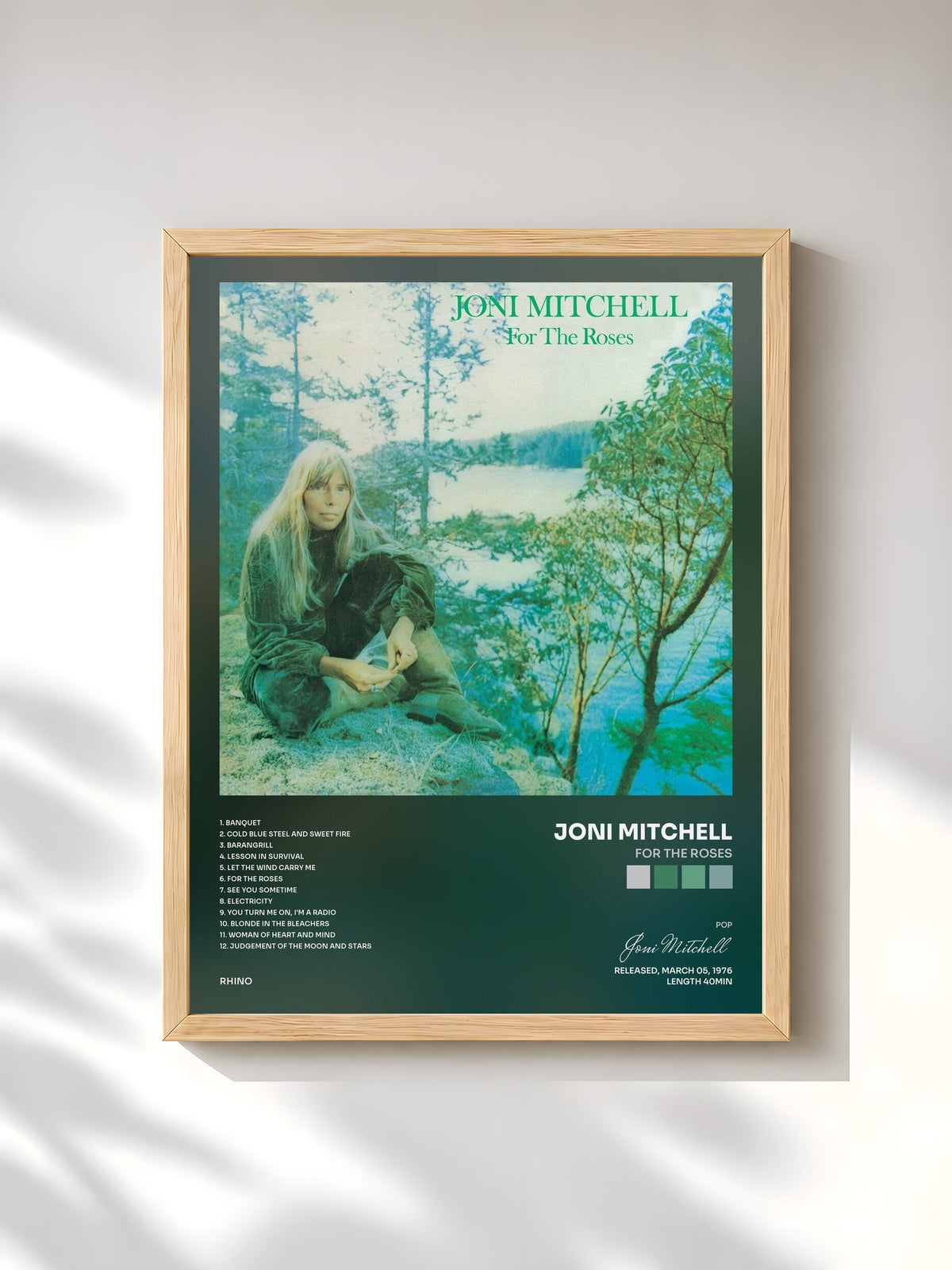 #bois Tableau de l'album For the Roses de Joni Mitchell, cadre en bois brut, imprimé et encadré en France