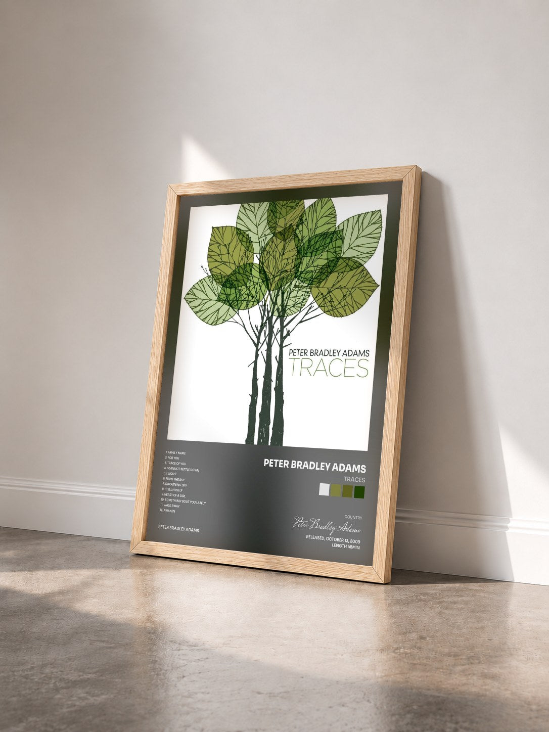 #bois Tableau de l'album Traces de Peter Bradley Adams vu de trois quarts, cadre en bois brut