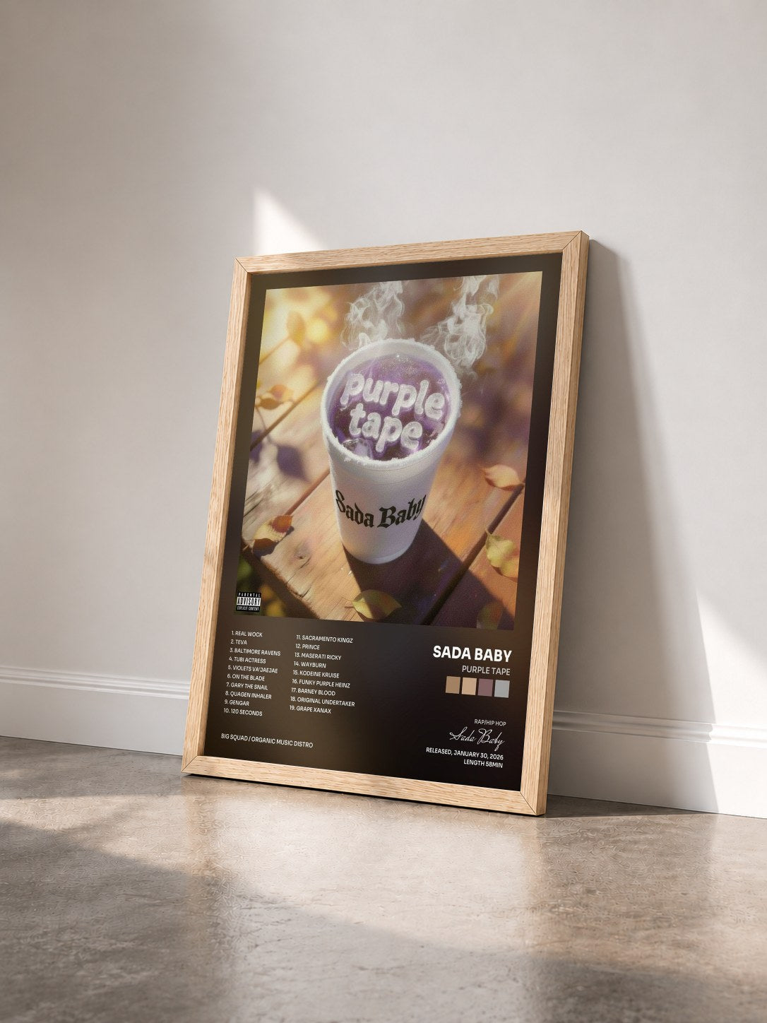 #bois Tableau de l'album Purple Tape de Sada Baby vu de trois quarts, cadre en bois brut
