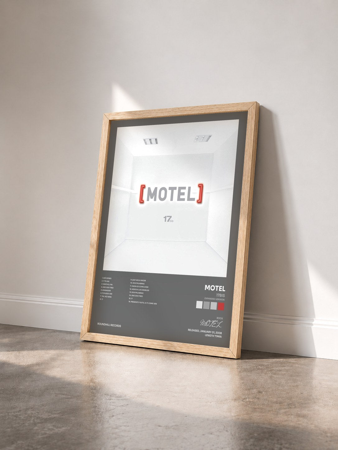 #bois Tableau de l'album 17bis (Expanded Version) de MOTEL vu de trois quarts, cadre en bois brut