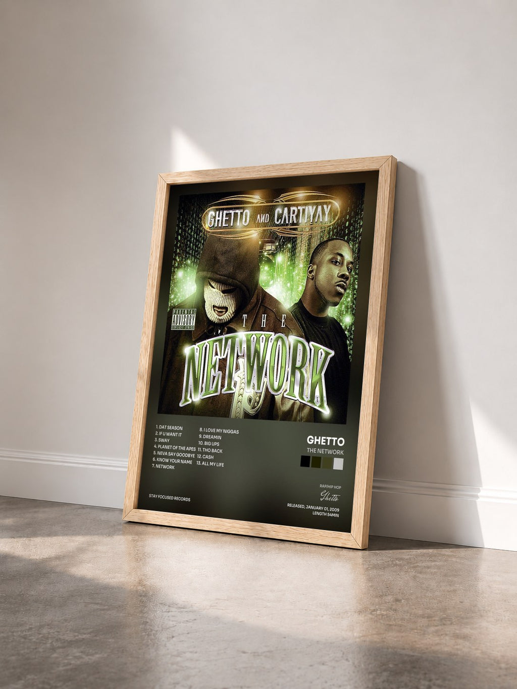 #bois Tableau de l'album The Network de Ghetto vu de trois quarts, cadre en bois brut