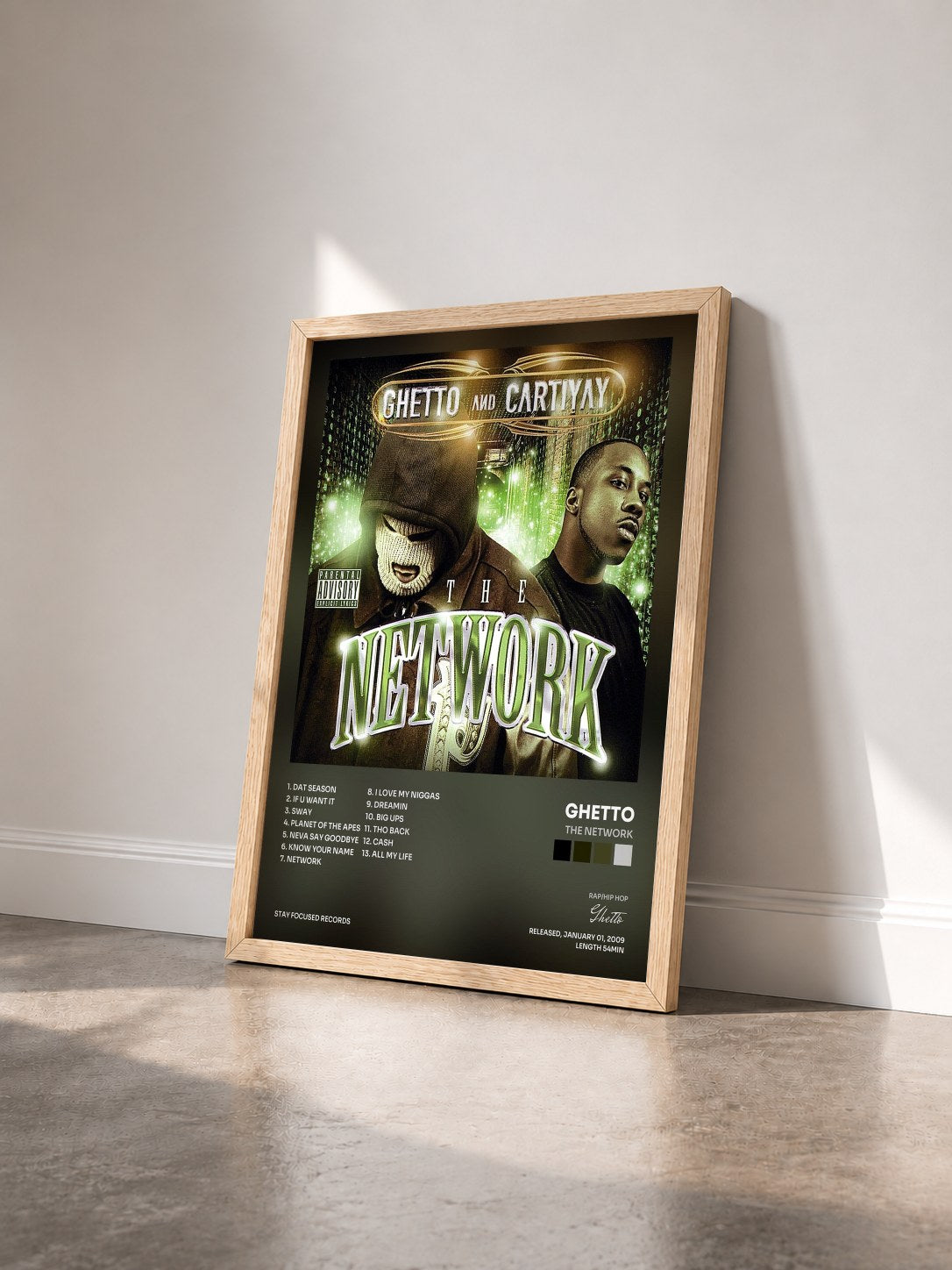 #bois Tableau de l'album The Network de Ghetto vu de trois quarts, cadre en bois brut