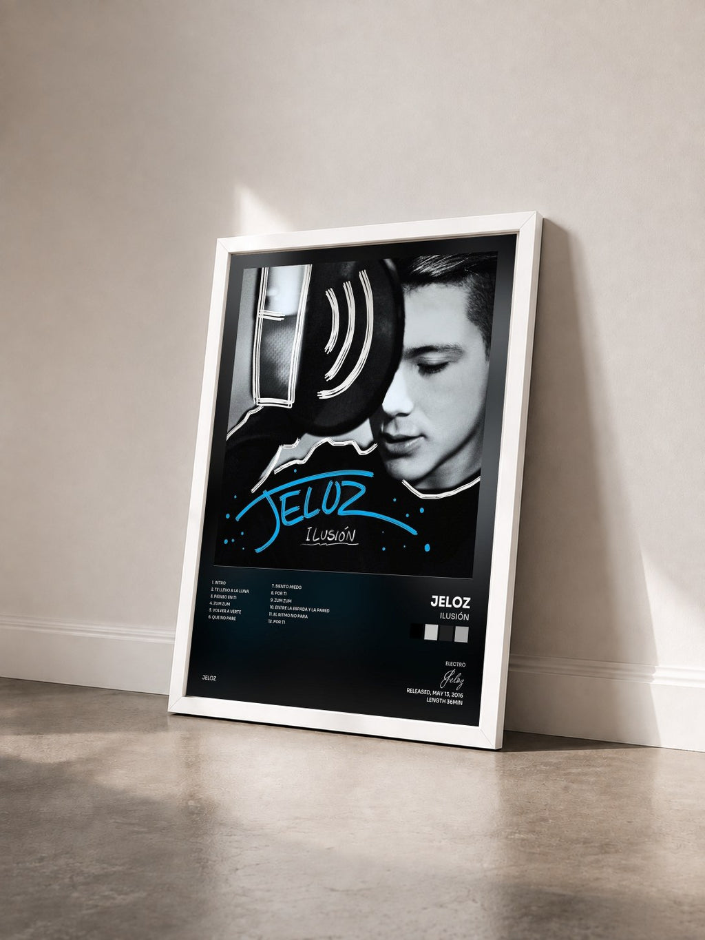 #blanc Tableau de l'album Ilusión de Jeloz vu de trois quarts, cadre blanc