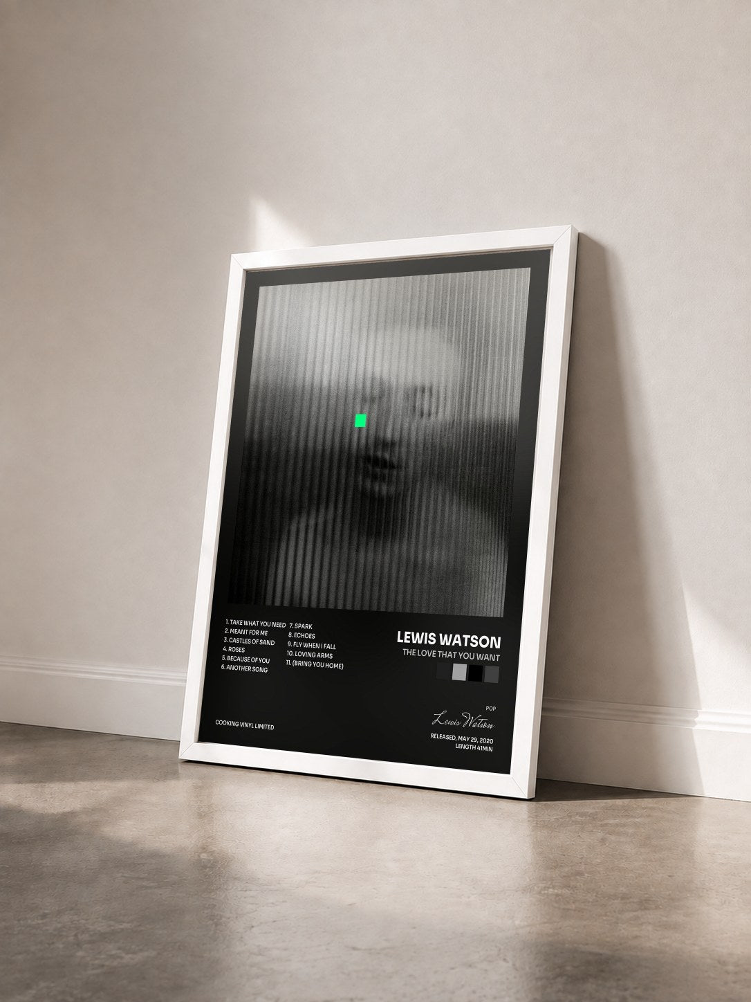 #blanc Tableau de l'album the love that you want de Lewis Watson vu de trois quarts, cadre blanc