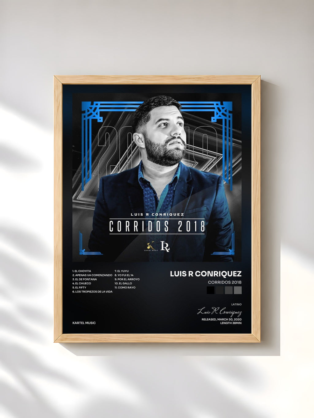 #bois Tableau de l'album Corridos 2018 de Luis R Conriquez, cadre en bois brut, imprimé et encadré en France