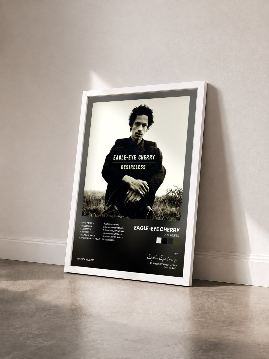 #blanc Tableau de l'album Desireless de Eagle-Eye Cherry vu de trois quarts, cadre blanc