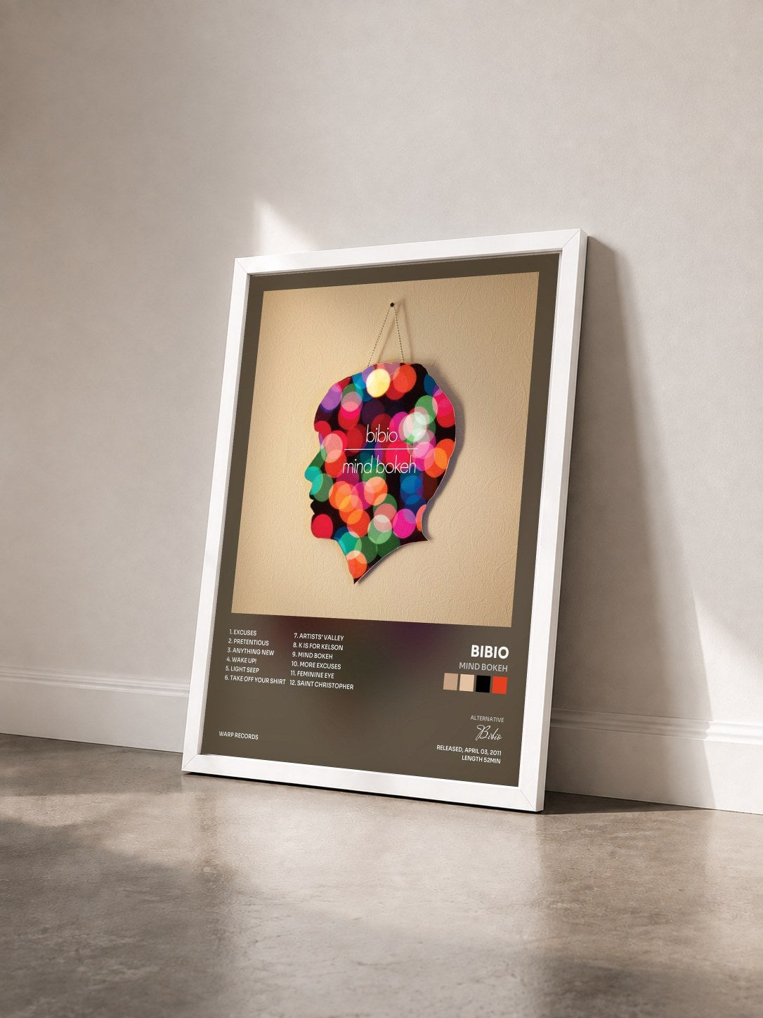 #blanc Tableau de l'album Mind Bokeh de Bibio vu de trois quarts, cadre blanc