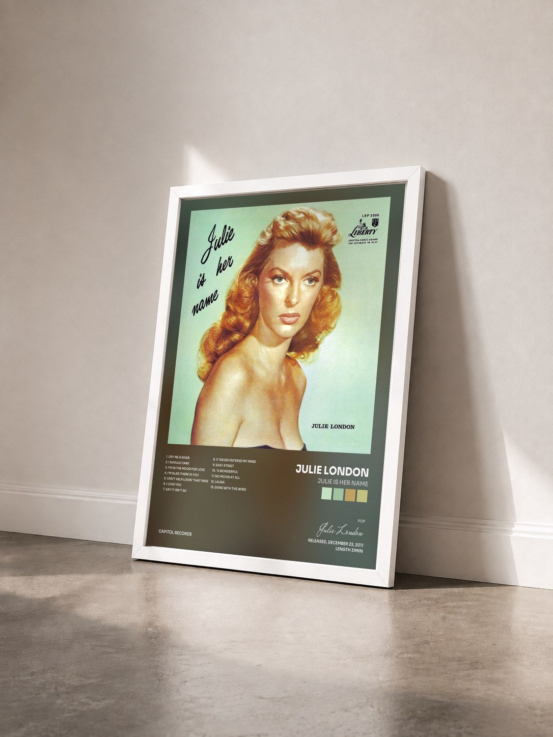 #blanc Tableau de l'album Julie Is Her Name de Julie London vu de trois quarts, cadre blanc